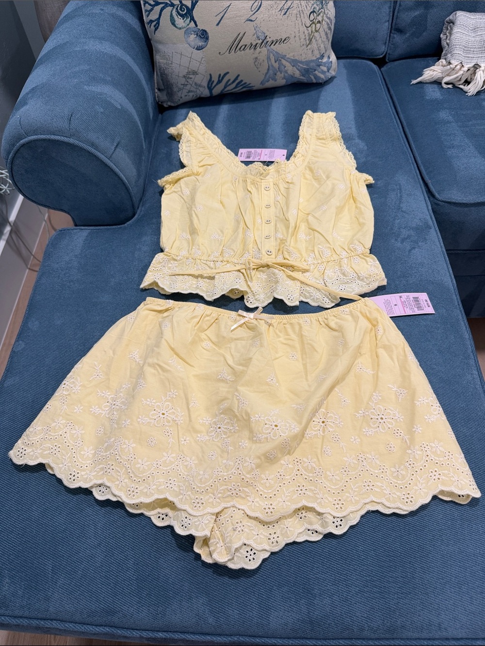 wild fable Yellow Eyelet Cotton Crop Top & Shorts Set - Picture 1 of 7